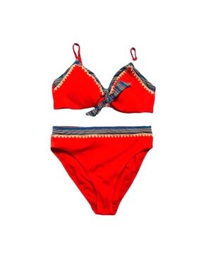 SWIMSUITS FOR ALL ~ Vibrant Red Ribbed Bikini w/Geometric Trim Adjustable Straps